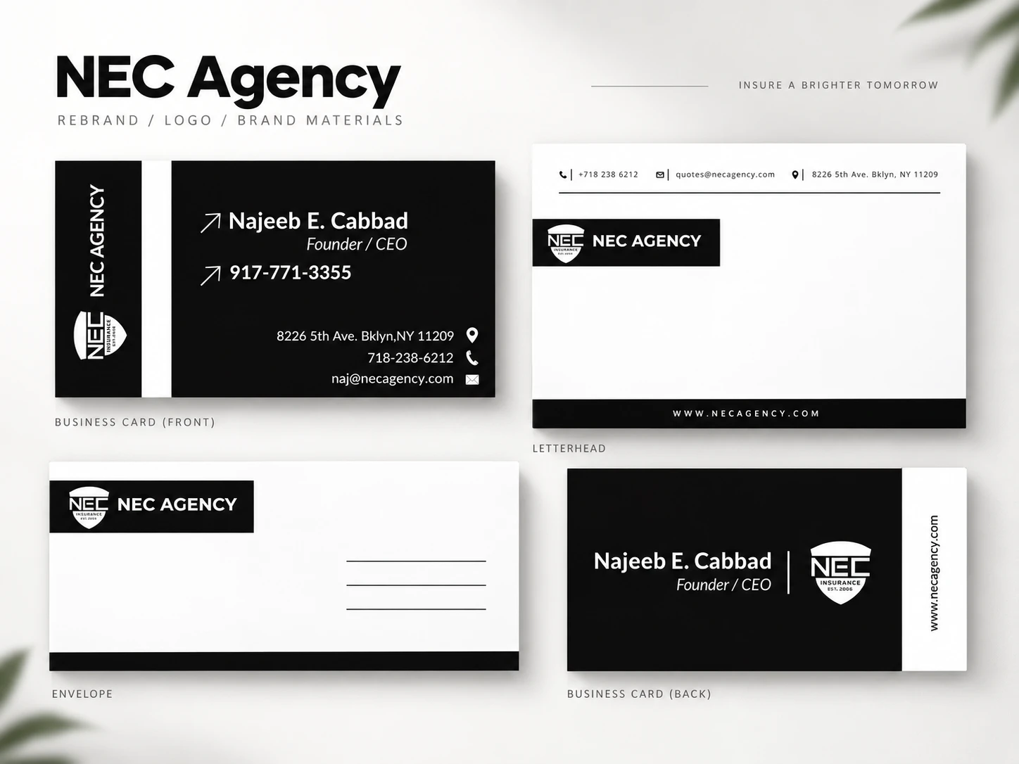 NEC Agency branded collateral, including business cards, envelope, and letterhead